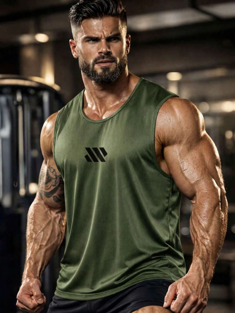 Men's Loose Fit Printed Fitness Tank Top, Sports Running Basketball Training Suit, Men's Sportswear, Men's Gym Clothes - Green - View 1