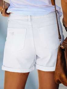 Women's Solid Color Casual Loose Cuffed Denim Shorts, Versatile Daily Wear White Summer - White - View 6