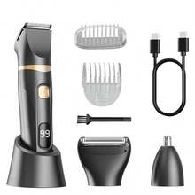 三合一电动体毛修剪器、电动理发器、电动剃须刀、电动鼻毛修剪器，带充电底座，USB充电，手动旋转刀头，男士理容套装 - 黑色 - 查看 8