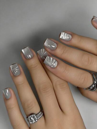 Bộ 24 miếng dán móng tay acrylic vuông ngắn, móng giả 3D bằng sợi acrylic màu xám hình mắt mèo, kèm 1 lọ keo dán và 1 dũa móng, thích hợp cho các bữa tiệc, sự kiện và sử dụng hàng ngày. Phù hợp cho phụ nữ và bé gái. Bao gồm dụng cụ làm móng. Bộ dụng cụ làm móng có thể tạo hình.