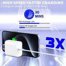 20W大功率快充适配器+3.3英尺耐用充电线，支持数据传输和快充双功能，兼容 17 Pro Max/17 Pro/Air/17、16 Pro Max/16 Pro/16 Plus/16、15 Pro Max/15 Pro/15 Plus/15等智能手机设备。 - 白色 - 查看 6