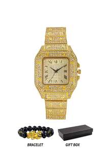 GUANQIN 奢华钻石腕表套装，时尚优雅的石英表，男女皆宜，宝石镶嵌玻璃表带，方形表盘，镶钻罗马数字时标，适合复活节、万圣节、圣诞节、父亲节、生日、返校季、学生、节日、情人节、约会、商务、日常佩戴、礼品、音乐节、婚礼季等场合。 - 金色 - 查看 10