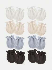 8 pares de manoplas sin arañazos para bebé - Suaves con patrón de espiga de trigo tejido (0-12 meses) Puño con volantes transpirable Artículos esenciales diarios unisex para recién nacidos en todas las estaciones - Blanco + Albaricoque + Azul + Negro - Ver 2