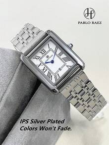 Pablo Raez Original Charming Classic Unisex Wristwatch Stainless Steel Couple Watch Silver Non-Fading AAA Quality Premium Couple Watch Luxury New Design Fashion Watch Elegant Vintage Square Fashion Wristwatch Roman Numeral White Dial With Date Display Girls Popular Square Quartz Watch 50m Waterproof Solid Steel Band Butterfly Clasp Casual Cute Women's Watch Suitable For Teacher Girlfriend Mother Gift Daily/Work/Party Decoration Birthday Graduation Wedding Gift - Silver - View 7