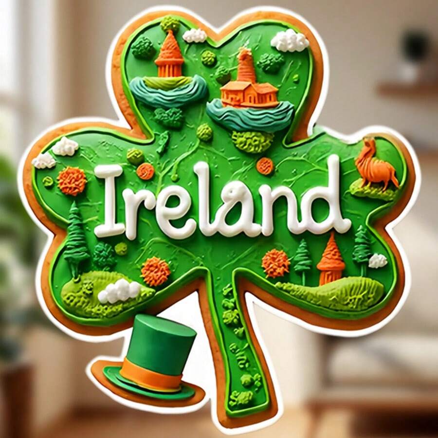 A Shamrock Made Of Irish Scones: Ireland Shamrock Magnet With Shamrock Shape & Buttery Hue, Green Hills & Sheep – Celtic Charm For Your Fridge - Irish Clover - View 1