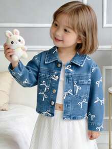 女童时尚甜美牛仔外套，春秋季短款纽扣前襟外套，饰有白色蝴蝶结印花，休闲日常外出外套，带口袋设计，适合小女孩穿着 - 藍色 - 查看 4