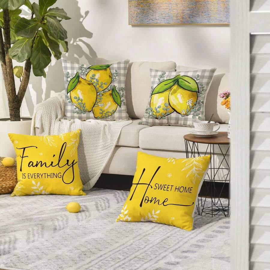 4件套柠檬水格纹抱枕套，“家，甜蜜的家，家人至上”沙发靠垫套，夏季 - 黃色 - 查看 1