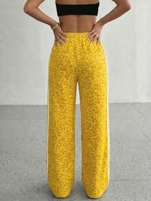 Women's Mid-Waist Drawstring Side Striped Loose Straight Pants, All-Over Striped Leopard Print, Suitable For Spring/Summer, Loose Casual Pants, Women's Summer Clothing - Yellow - View 5