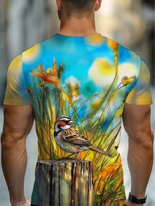 Men'S  Adult Short-Sleeve T-Shirt For Home Use, Showcasing Bird Artwork, Made From A Comfortable Of Fabrics, In Bright Blue And Yellow Hues, Perfect For Casual Outdoor Activities, Lightweight And Durable, Ideal For Daily Wear - 混合顏色 - 查看 2
