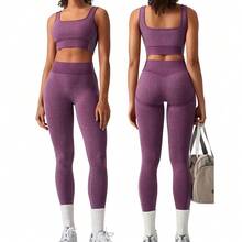 OLCHEE Womens Workout Sets 2 Piece Seamless Square Neck Sports Bra Padded Butt Lifting Leggings High Waist Yoga Gym Outfits - Eggplant Purple - 查看 1