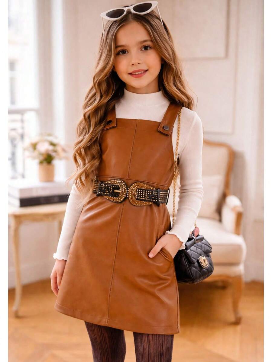 Girls' Outfit Set - Blogger Style - Faux Leather Jumpsuit With Blouse - Camel - View 1