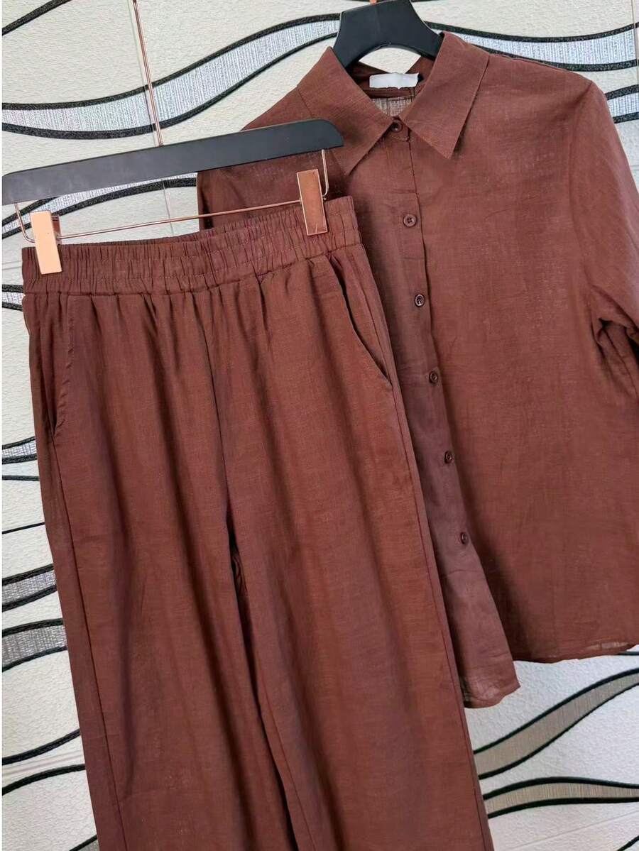 Women's Cotton And Linen Shirt And Pants Set - Coffee Brown - View 1