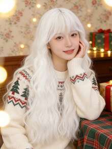 Tóc giả dài 28 inch màu trắng có mái, tóc gợn sóng tự nhiên, tóc giả tổng hợp dành cho nữ, dùng hàng ngày, cosplay, dự tiệc (Trắng, Xanh tím) - Nhiều màu - Xem 3