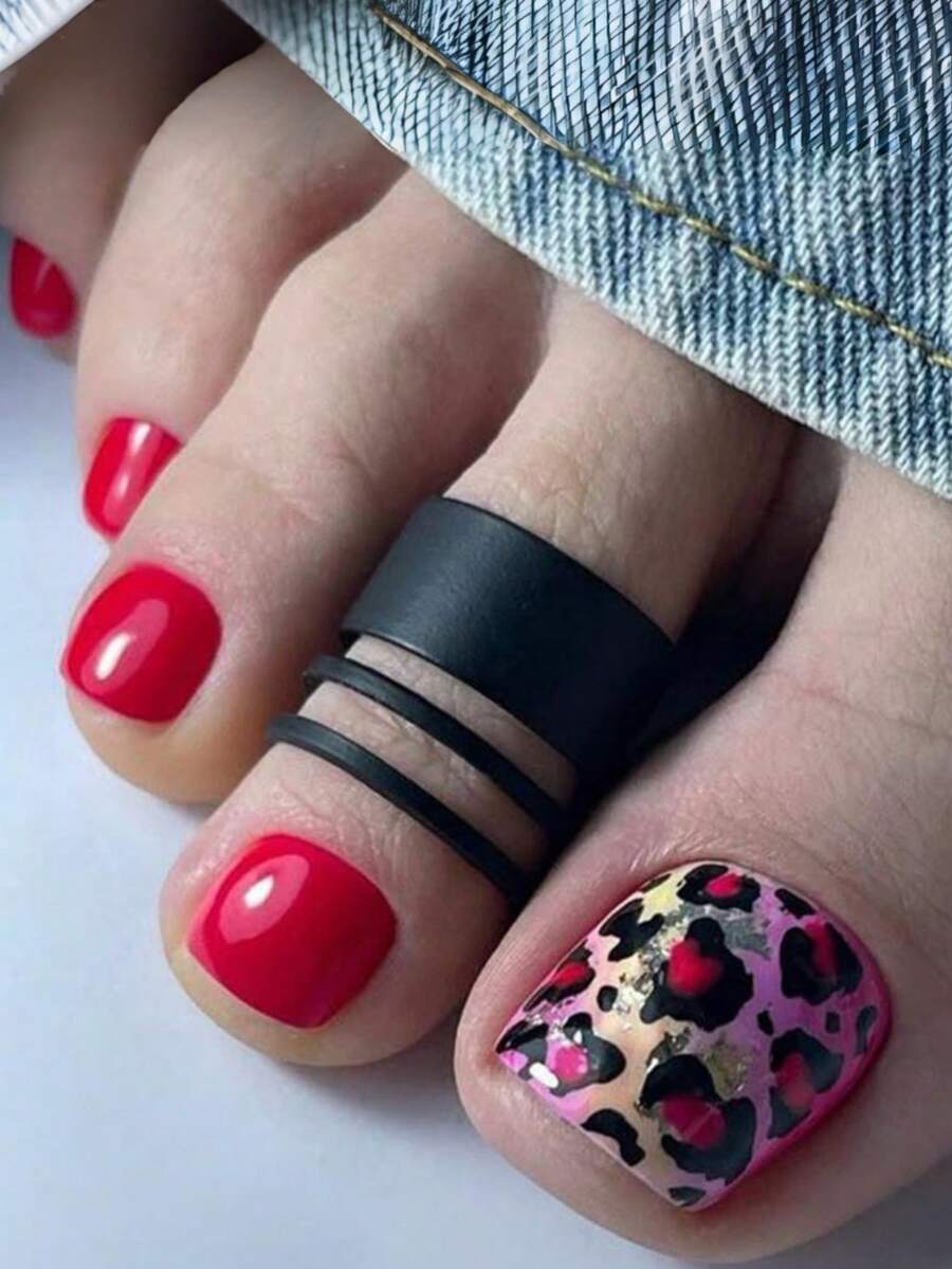 24 piezas de uñas postizas con forma de corazón con estampado de leopardo rosa y morado. Uñas postizas rojas sólidas. Pegatinas de uñas desechables, uñas cuadradas cortas estilo Y2K - Rojo - Ver 1