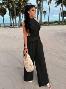 AIJ Amarilo 女士度假性感褶皱系带露背吊带背心+阔腿裤套装 黑色夏季 - 黑色 - 查看 1
