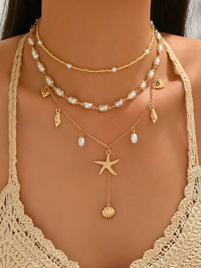 3pcs/Set Gold Starfish Pendant Beaded Necklace, Fashion Versatile Choker Necklace, Suitable For Daily Wear And Beach Vacation