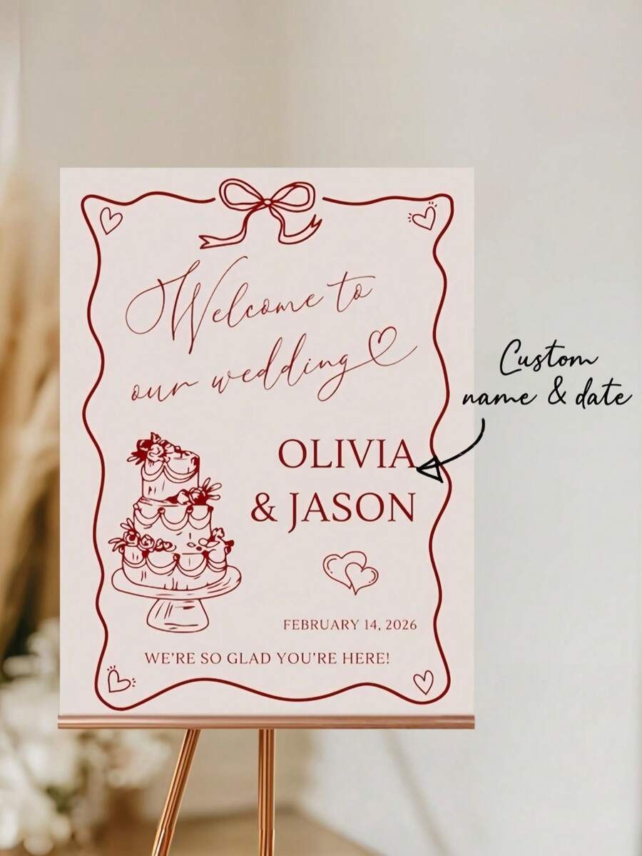 Custom Welcome Sign With Red Cake And Heart Design, PVC Floor Mount Romance Theme For Weddings Receptions And Various Celebrations Event Signage - Multicolor - View 1