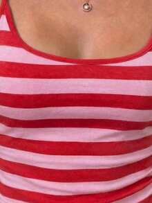Women's Fashionable Sleeveless Top, Light Gray Striped Print Round Neck Fitted Casual Vacation Sexy Camisole, Women's Vacation & Beach Wear Pink - Pink - View 3