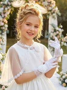 2pcs/Set Girls' White Floral Shawl + White Floral Satin Gloves, 2-Piece White Princess Style Shawl, Wedding Photography Prop, Wedding Decoration, Party Photo Booth Prop, Wedding Supplies - 2PCS - View 9