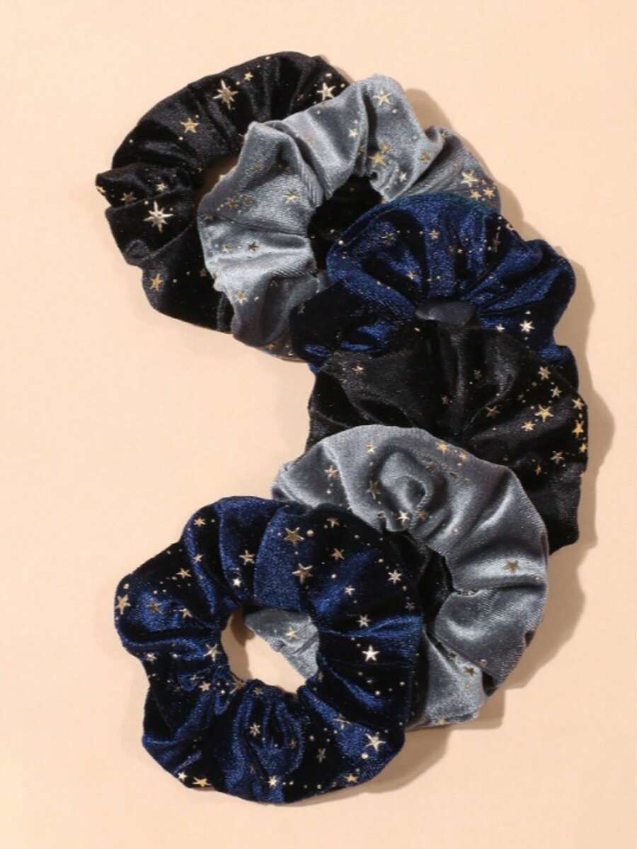 6pcs Velvet Gold Star Hair Scrunchies Set Holiday Accessories Ponytail Holders Hair Elastics Hair Rubber Bands Hair Rope,Festival,Party - Multicolor - View 1
