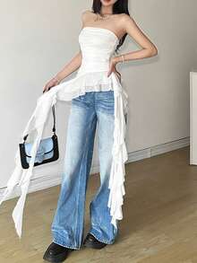 Áo Top Dazzle dành cho nữ, kiểu dáng thường ngày, hở vai, chất liệu lưới, xếp ly, vạt bất đối xứng, thích hợp cho các lễ hội âm nhạc. - trắng - Xem 4