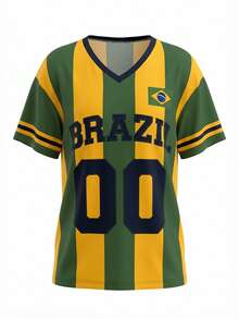Y2K巴西足球队球衣 - 绿黄条纹宽松V领T恤，街头风女款巴西00号宽松足球队球衣 - 绿黄条纹V领T恤，饰有国旗图案，休闲夏季款 - 彩色 - 查看 2