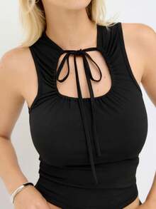 Womens Tie Front Tank Top Sleeveless Knot Front Crop Top Black Summer Basic - Black - View 2
