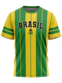 Brazil National Team Retro Classic World Cup Fan Jersey - Immediate Shipping - Yellow Striped With Dark Writing - View 1