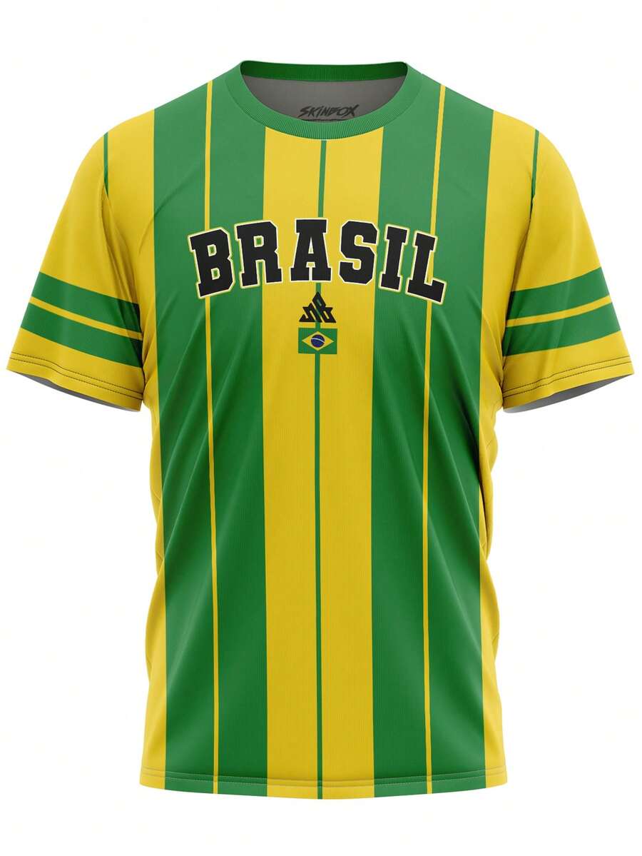 Brazil National Team Retro Classic World Cup Fan Jersey - Immediate Shipping - Yellow Striped With Dark Writing - View 1