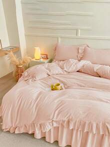 Soft Pink Cream Ruffled Duvet Cover 3 Pieces Set (1*Duvet Cover + 2*Pillowcases), Suitable For Bedroom & Guest Room, All Season, Machine Washable - Baby Pink - View 7