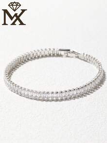 1 chiếc vòng tay tennis hình chữ nhật tối giản sang trọng bằng bạc sterling 925, đính đá Cubic Zirconia, món quà trang sức đa năng phù hợp để đeo hàng ngày dành cho phụ nữ, bạn gái, bạn thân. - Bạc - Xem 4