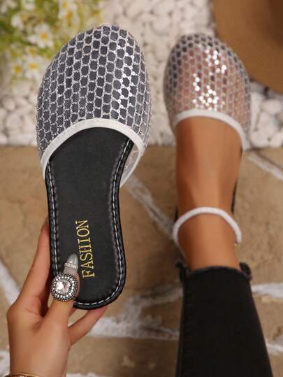 White Round Toe Mesh Flat Slide Sandals, One-Piece Lace Vamp, Women's Slip-On Beach Shoes, Elegant Casual Versatile Flat Slippers For Summer