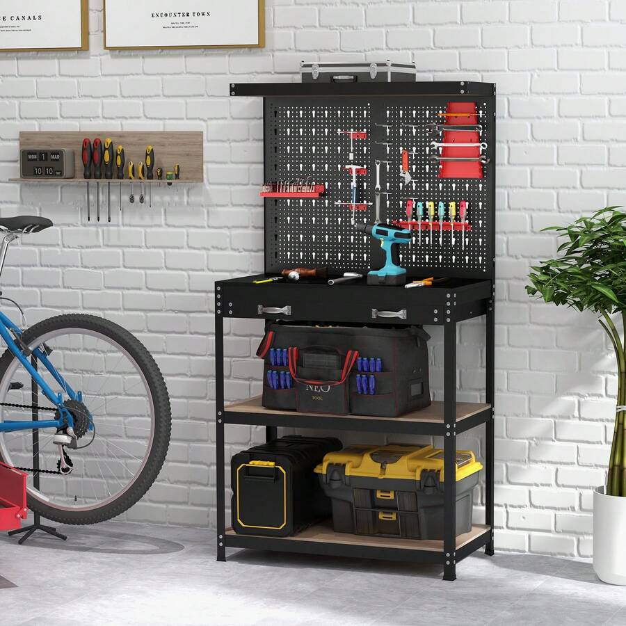 COSTWAY Workbench With Pegboard, Multi-Use Workbench With 2 Tires Of Shelves, Topping Space, Drawer, Robust Metal Frame, Heavy-Duty Work Table Tool Storage Bench For Workshop, Warehouses, Basement, Blue/Red - B - 查看 1