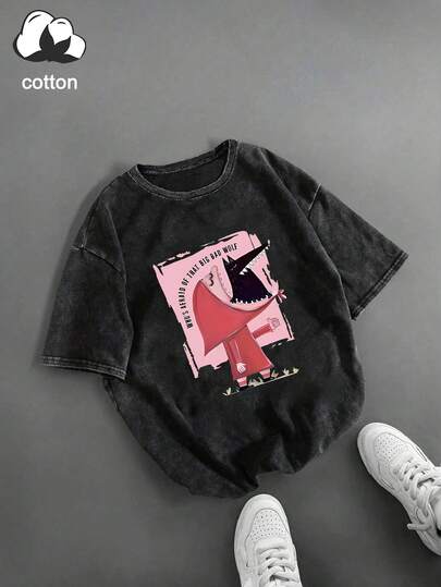 大码女式日常暗黑童话风小红帽与大灰狼反向印花圆领短袖休闲春夏秋季大码T恤上衣，夏季穿搭，夏季服装，夏季度假装，夏季上衣，女士夏季穿搭，女士度假装，女士夏季穿搭，女士春季穿搭，女士夜店穿搭