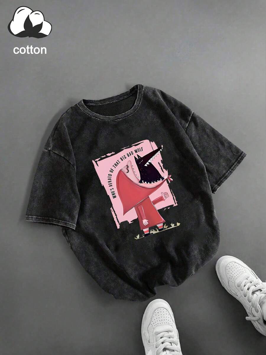 大码女式日常暗黑童话风格小红帽与大灰狼反向印花圆领短袖休闲春夏秋季大码T恤上衣，夏季穿搭，夏季服装，夏季度假装，夏季上衣，女士夏季穿搭，女士度假装，女士夏季穿搭，女士春季穿搭，女士夜店穿搭，黑色 - 黑色 - 查看 1