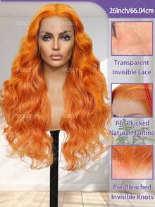 VIOLLY 耳到耳免分缝13X4高清透明蕾丝前额假发，水波纹巴西发，自然发际线，婴儿毛，预先拔毛，预先漂白，#350姜橙色混纺真人发假发，适合女性日常或派对佩戴。 - S350 - 查看 3