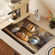 1pc Bread Print Pattern Absorbent Mat/Drying Mat For Coffee Maker, Tableware - Absorbent Polyester Desktop Protective Mat With Rubber Anti-Slip Pad, For Kitchen Counter Decor, Home Bar And Dining Table - Multicolor - View 4