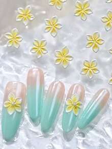 1张夏日海岛海滩度假主题鸡蛋花美甲贴纸，5D薄荷花美甲贴花，适合女士DIY美甲，迷人设计 - 黃色 - 查看 5
