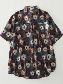 Women's Collar Short Sleeve Shirt, Cartoon Floral Print Button Pocket Top, For Casual, Office, Vacation, Home, Spring Summer Fall - Multicolor - View 3