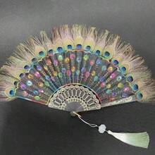 孔雀羽毛折扇，流苏装饰，传统汉服舞蹈配饰，女士便携式扇子，装饰礼品，适合毕业季、夏季降温、海滩、旅行、春夏、伴娘礼物、室内卧室装饰 - 多款 - 查看 5