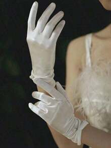 1pair White Short Satin & Faux Pearl Solid Color Gloves Suitable For Wedding, Party, Driving And Daily Use Autumn Accessories PXA2 - 白色 - 查看 4