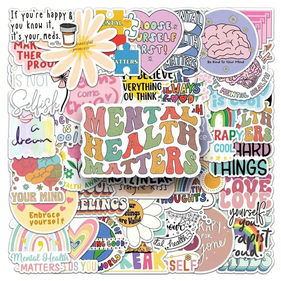 35pcs Mental Health Stickers, Positive Energy Mental Health Promotional Vinyl Waterproof Stickers, Cartoon Cute Creative Candy Style Soft Fluffy Stickers, DIY Stationery, Phone Decoration Stickers. Suitable For Planner Decoration, Scrapbooking, Collage, Bullet Journal, Notebook, Back To School Stationery, Halloween Holiday Atmosphere DIY Materials. - Mixing Colors - View 1