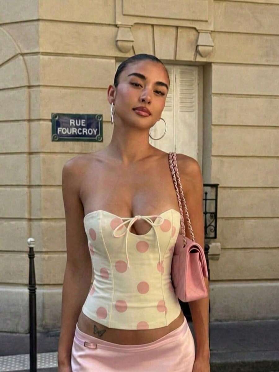 Sexy Polka Dot Fitted Hollow Out Lace-Up Camisole Summer - Baby Pink - View 1