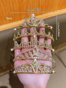 5pcs Gold Crown Fashionable Sweet Style Tiara, Suitable For Performance And Birthday Party, Affordable Hair Accessories - Silver - View 8