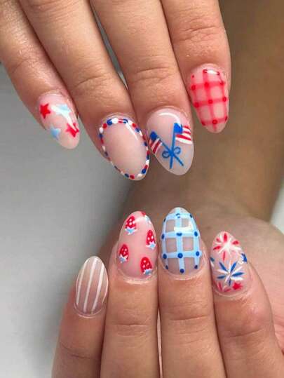 24片/套椭圆形7月4日主题条纹、星星、格子、草莓图案美甲贴片，适合女孩、上班族、派对、约会和日常佩戴