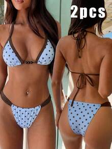 Women's Swimwear, Casual Polkat Dot Blue Bikini, Beach Outfits For Woman, Vintage Y2K Cup World Vacation Back To School Bathing Suit Summer - Multicolor - View 8