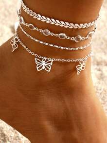 1 Set Fashion New Minimalist Metal Multi-Layer Crystal Chain Beach Style Butterfly Pendant Anklet For Girls - Anklets - View 3