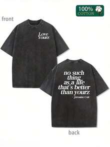 Love Yourz Jermaine Cole Quote Graphic Water Washed T-Shirts, Round Short Sleeved Tees, Summer Street T-Shirts, Holiday Gifts - 黑色 - 查看 1