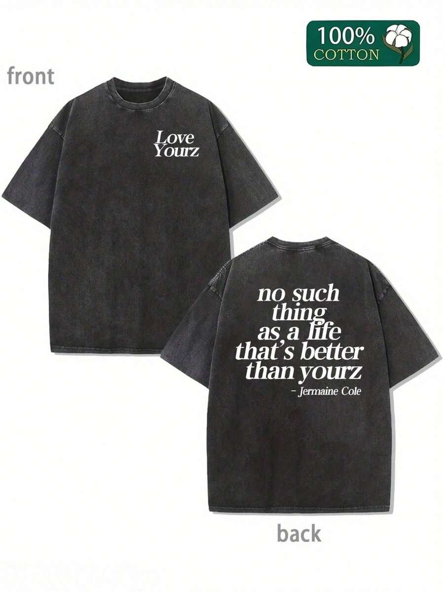 Love Yourz Jermaine Cole Quote Graphic Water Washed T-Shirts, Round Short Sleeved Tees, Summer Street T-Shirts, Holiday Gifts - 黑色 - 查看 1