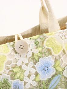 1pc Colorful Sequin & Mesh Patchwork Linen Tote Bag, Fashion Floral & Leaf Embroidery Design, Large Capacity Square Shoulder Bag, Casual Vacation Style Shopping Bag (Floral Pattern Randomly Distributed) - Green - View 5
